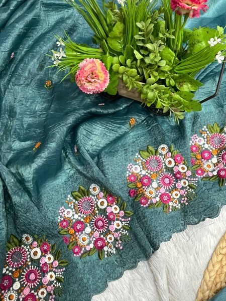 Stylish Teal Blue Gold Crush Silk Saree with Embroidery Work for Weddings Silk Sarees Wholesale