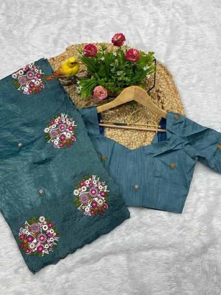 Stylish Teal Blue Gold Crush Silk Saree with Embroidery Work for Weddings Silk Sarees Wholesale