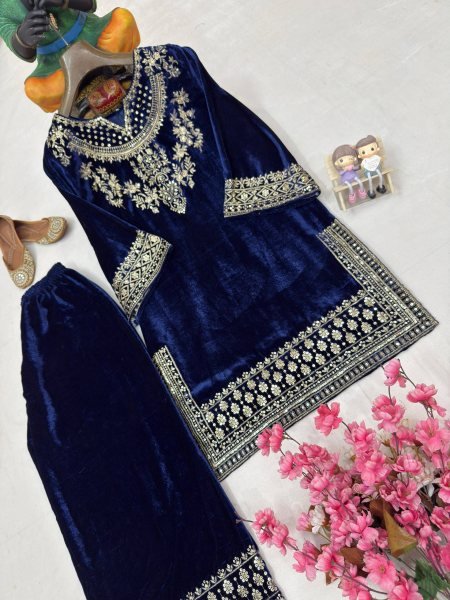 Stylish Velvet Kurti Plazzo Set with Sequins and Zari Embroidery  Work for Winter Party Wear Ready To Wear Collection