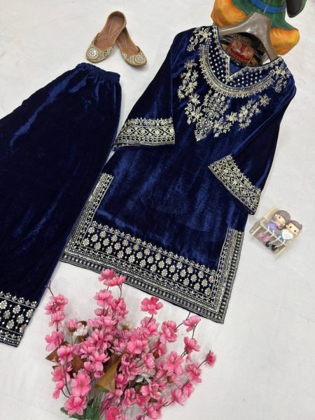 Stylish Velvet Kurti Plazzo Set with Sequins and Zari Embroidery  Work for Winter Party Wear Ready To Wear Collection