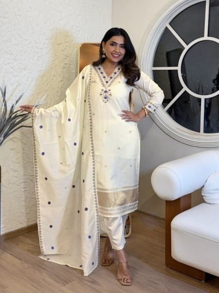 Stylish Viscose Chanderi V Neck Embroidery Work Kurti with Matching Pant    Lagadi Patta Work Dupatta for Party Wear  Straight Cut Long Kurtis