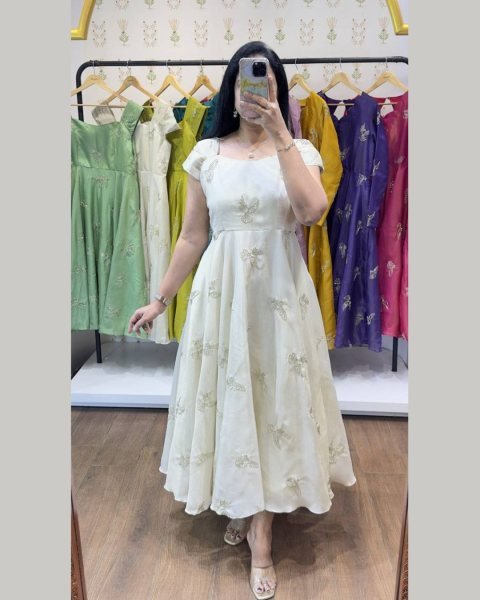 Stylish White Chinnon Silk Bead Work Gown with Full Lining for Wedding and Party Collection