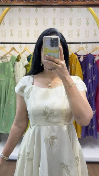 Stylish White Chinnon Silk Bead Work Gown with Full Lining for Wedding and Party Collection Anarkali Kurtis 