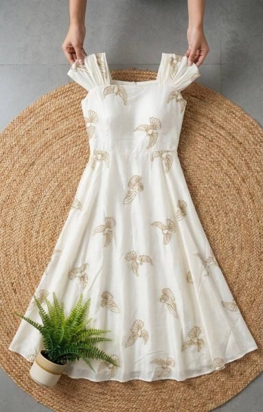 Stylish White Chinnon Silk Bead Work Gown with Full Lining for Wedding and Party Collection Anarkali Kurtis 