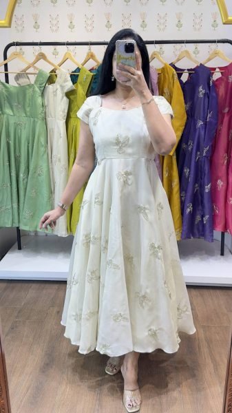 Stylish White Chinnon Silk Bead Work Gown with Full Lining for Wedding and Party Collection Anarkali Kurtis 