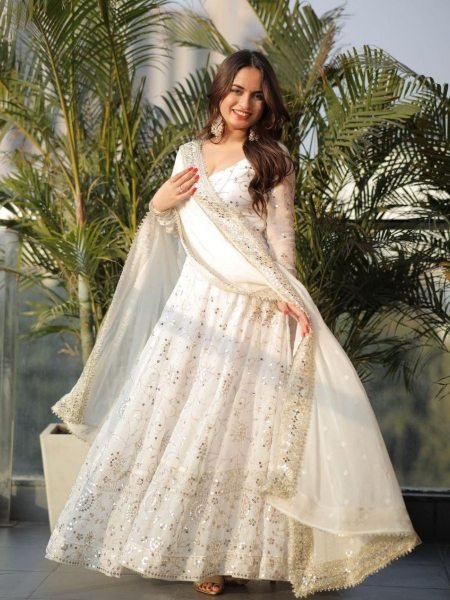 Stylish White Faux Georgette Gown Set with Heavy Dupatta at Manufacturer Price 