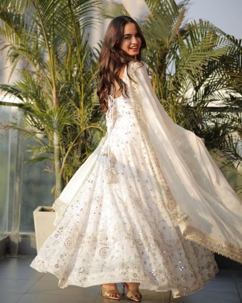 Stylish White Faux Georgette Gown Set with Heavy Dupatta at Manufacturer Price Ready To Wear Collection
