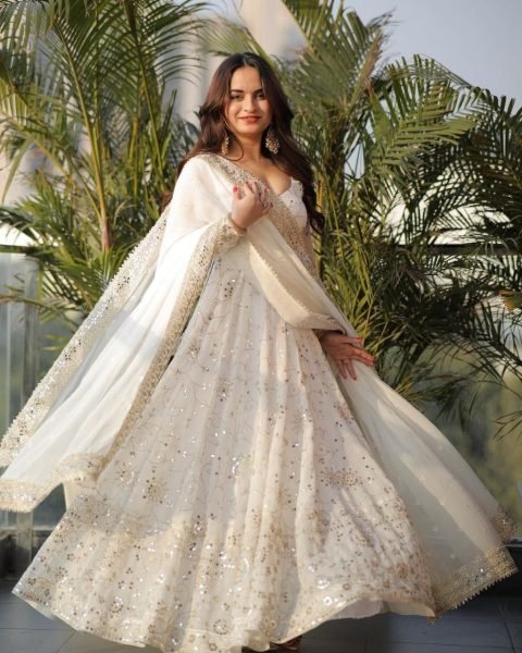 Stylish White Faux Georgette Gown Set with Heavy Dupatta at Manufacturer Price Ready To Wear Collection