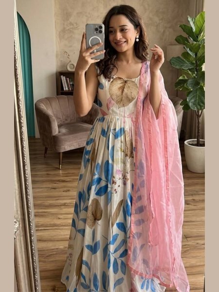 Stylish White Festival Wear Dola Silk Gown with Ready to Ship Collection Ready To Wear Suit