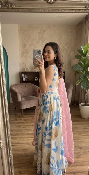 Stylish White Festival Wear Dola Silk Gown with Ready to Ship Collection Ready To Wear Collection
