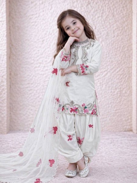Stylish White Kids Party Wear Salwar Kameez with Embroidery Design Kurtis
