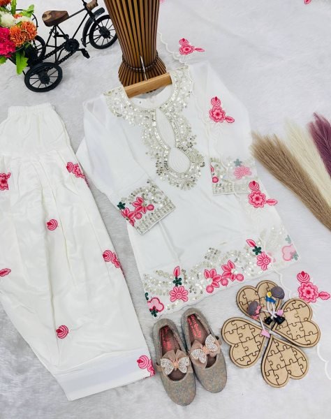 Stylish White Kids Party Wear Salwar Kameez with Embroidery Design Girls Wear