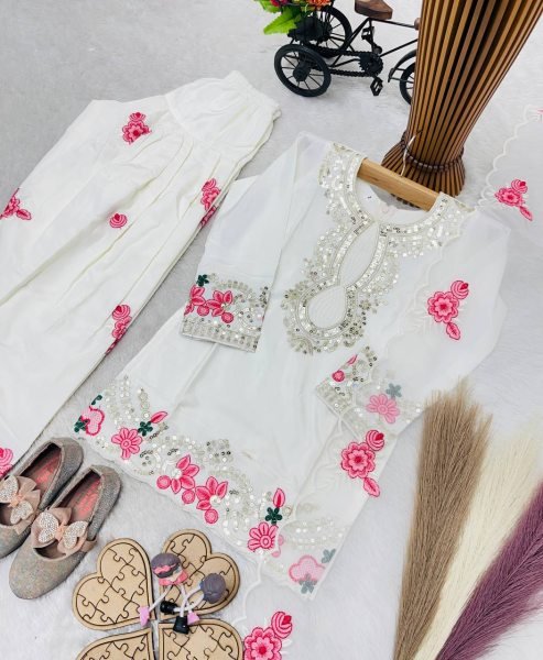 Stylish White Kids Party Wear Salwar Kameez with Embroidery Design Girls Wear