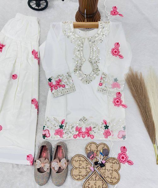 Stylish White Kids Party Wear Salwar Kameez with Embroidery Design Girls Wear