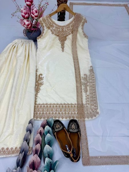 Stylish White Velvet Chine Embroidered Sequence Work Palazzo Suit with Net Dupatta at Wholesale Rate Ready To Wear Collection