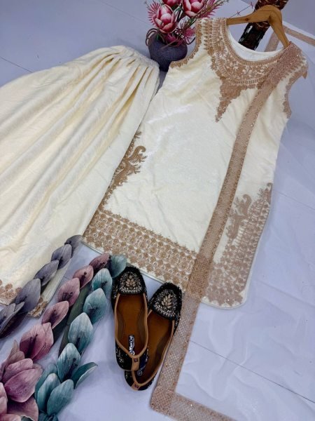 Stylish White Velvet Chine Embroidered Sequence Work Palazzo Suit with Net Dupatta at Wholesale Rate Ready To Wear Collection