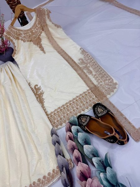 Stylish White Velvet Chine Embroidered Sequence Work Palazzo Suit with Net Dupatta at Wholesale Rate Ready To Wear Collection