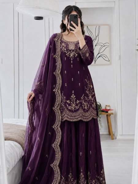Stylish Wine Fendy Satin Sharara Suits With Siqunce Work With Dupatta  Ready To Wear Suit