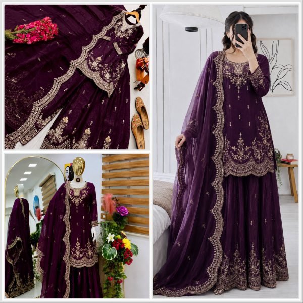 Stylish Wine Fendy Satin Sharara Suits With Siqunce Work With Dupatta  Ready To Wear Collection