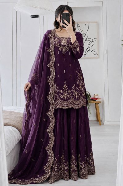 Stylish Wine Fendy Satin Sharara Suits With Siqunce Work With Dupatta  Ready To Wear Collection