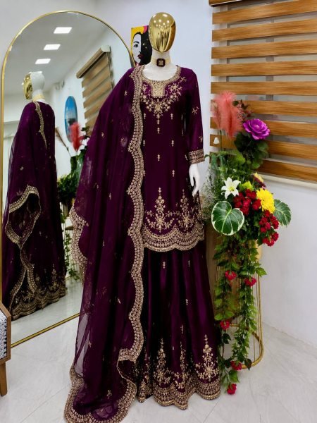 Stylish Wine Fendy Satin Sharara Suits With Siqunce Work With Dupatta  Ready To Wear Collection