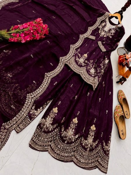 Stylish Wine Fendy Satin Sharara Suits With Siqunce Work With Dupatta  Ready To Wear Collection