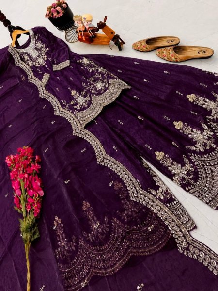 Stylish Wine Fendy Satin Sharara Suits With Siqunce Work With Dupatta  Ready To Wear Collection