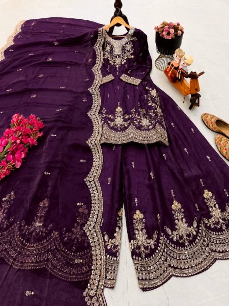 Stylish Wine Fendy Satin Sharara Suits With Siqunce Work With Dupatta  Ready To Wear Collection