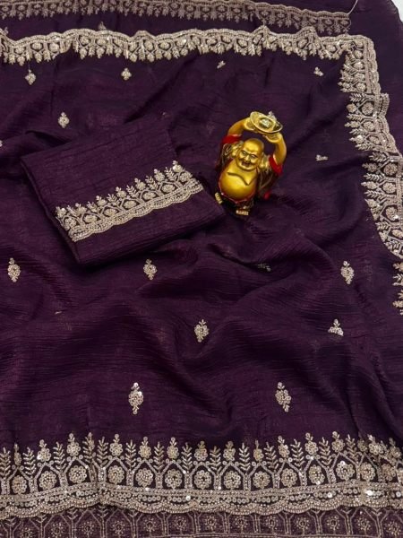 Stylish Wine Purple Party Wear Crunchy Saree with Original Gold Beads Embroidery Sarees 
