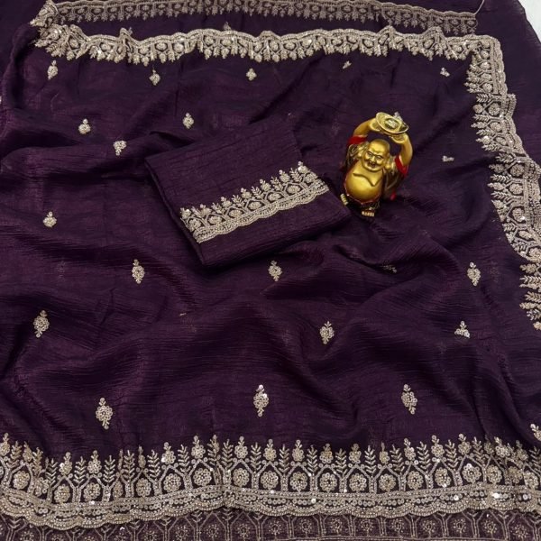Stylish Wine Purple Party Wear Crunchy Saree with Original Gold Beads Embroidery Designer Wedding Sarees Wholesale