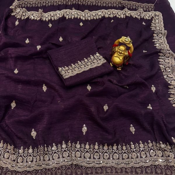Stylish Wine Purple Party Wear Crunchy Saree with Original Gold Beads Embroidery Designer Wedding Sarees Wholesale