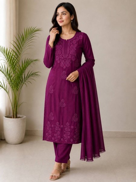 Stylish Wine Rayon Cotton Suit Set with Embroidery Work for Party Wear Kurtis