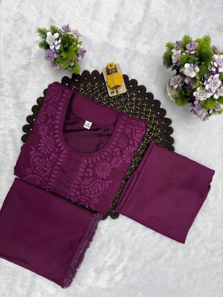 Stylish Wine Rayon Cotton Suit Set with Embroidery Work for Party Wear Cotton Kurtis Wholesale