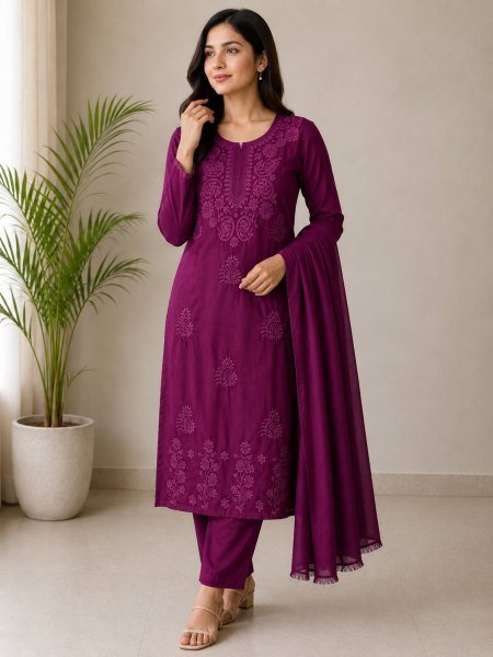 Stylish Wine Rayon Cotton Suit Set with Embroidery Work for Party Wear Cotton Kurtis Wholesale