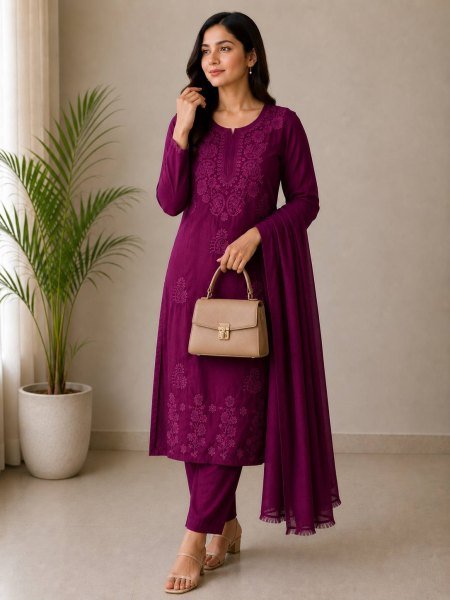 Stylish Wine Rayon Cotton Suit Set with Embroidery Work for Party Wear Cotton Kurtis Wholesale