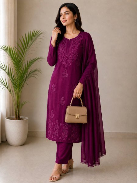 Stylish Wine Rayon Cotton Suit Set with Embroidery Work for Party Wear Cotton Kurtis Wholesale