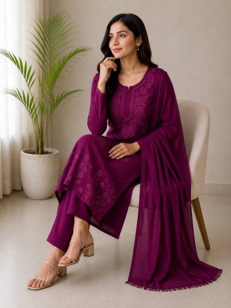Stylish Wine Rayon Cotton Suit Set with Embroidery Work for Party Wear Cotton Kurtis Wholesale