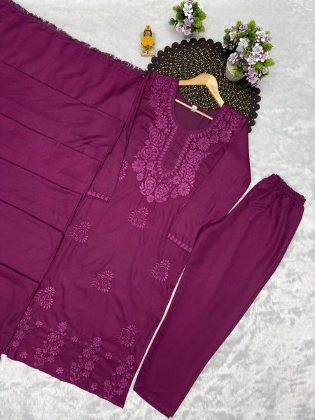 Stylish Wine Rayon Cotton Suit Set with Embroidery Work for Party Wear Cotton Kurtis Wholesale