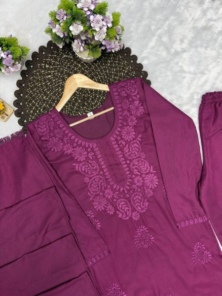 Stylish Wine Rayon Cotton Suit Set with Embroidery Work for Party Wear Cotton Kurtis Wholesale