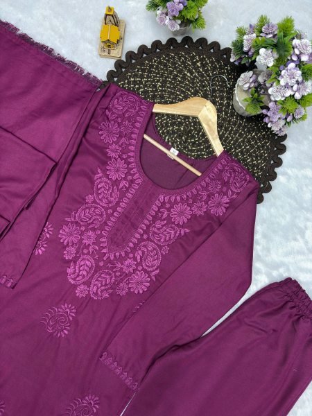 Stylish Wine Rayon Cotton Suit Set with Embroidery Work for Party Wear Cotton Kurtis Wholesale