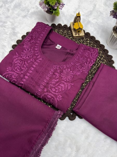 Stylish Wine Rayon Cotton Suit Set with Embroidery Work for Party Wear Cotton Kurtis Wholesale