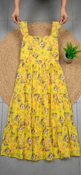 Stylish Yellow Alfino Chiffon Maxi Gown with Print for Casual Wear Western Ladies Top Wholesale