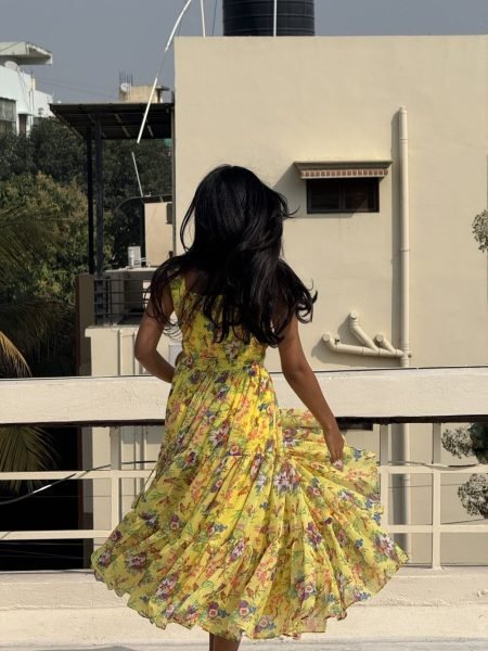 Stylish Yellow Alfino Chiffon Maxi Gown with Print for Casual Wear Western Ladies Top Wholesale