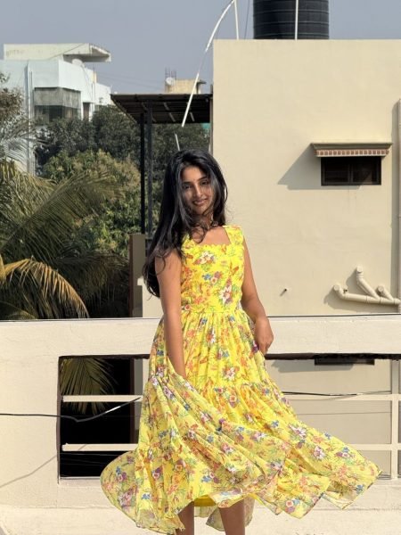 Stylish Yellow Alfino Chiffon Maxi Gown with Print for Casual Wear Western Ladies Top Wholesale