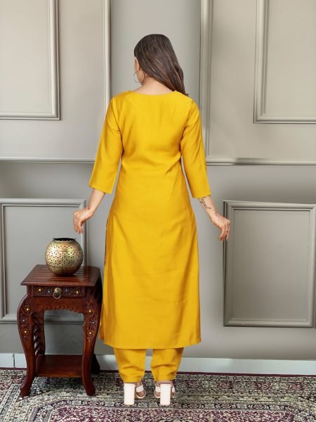 Stylish Yellow Color Embroidered Viscose Kurta Pant Set with Silk Dupatta  Straight Cut Long Kurtis