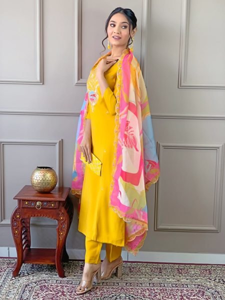 Stylish Yellow Color Embroidered Viscose Kurta Pant Set with Silk Dupatta  Straight Cut Long Kurtis