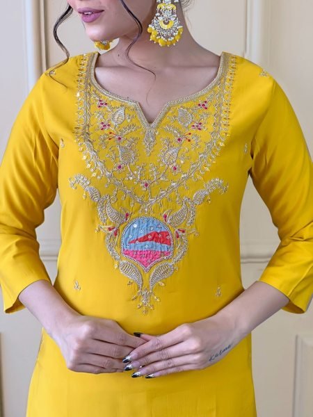 Stylish Yellow Color Embroidered Viscose Kurta Pant Set with Silk Dupatta  Straight Cut Long Kurtis