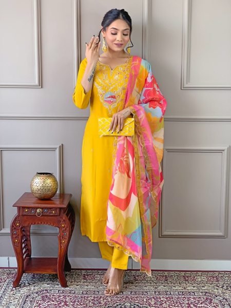 Stylish Yellow Color Embroidered Viscose Kurta Pant Set with Silk Dupatta  Straight Cut Long Kurtis