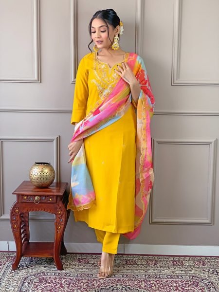 Stylish Yellow Color Embroidered Viscose Kurta Pant Set with Silk Dupatta  Straight Cut Long Kurtis