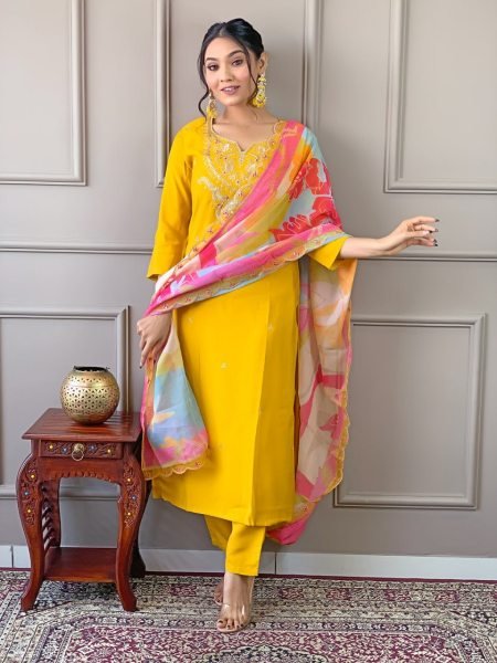 Stylish Yellow Color Embroidered Viscose Kurta Pant Set with Silk Dupatta  Straight Cut Long Kurtis